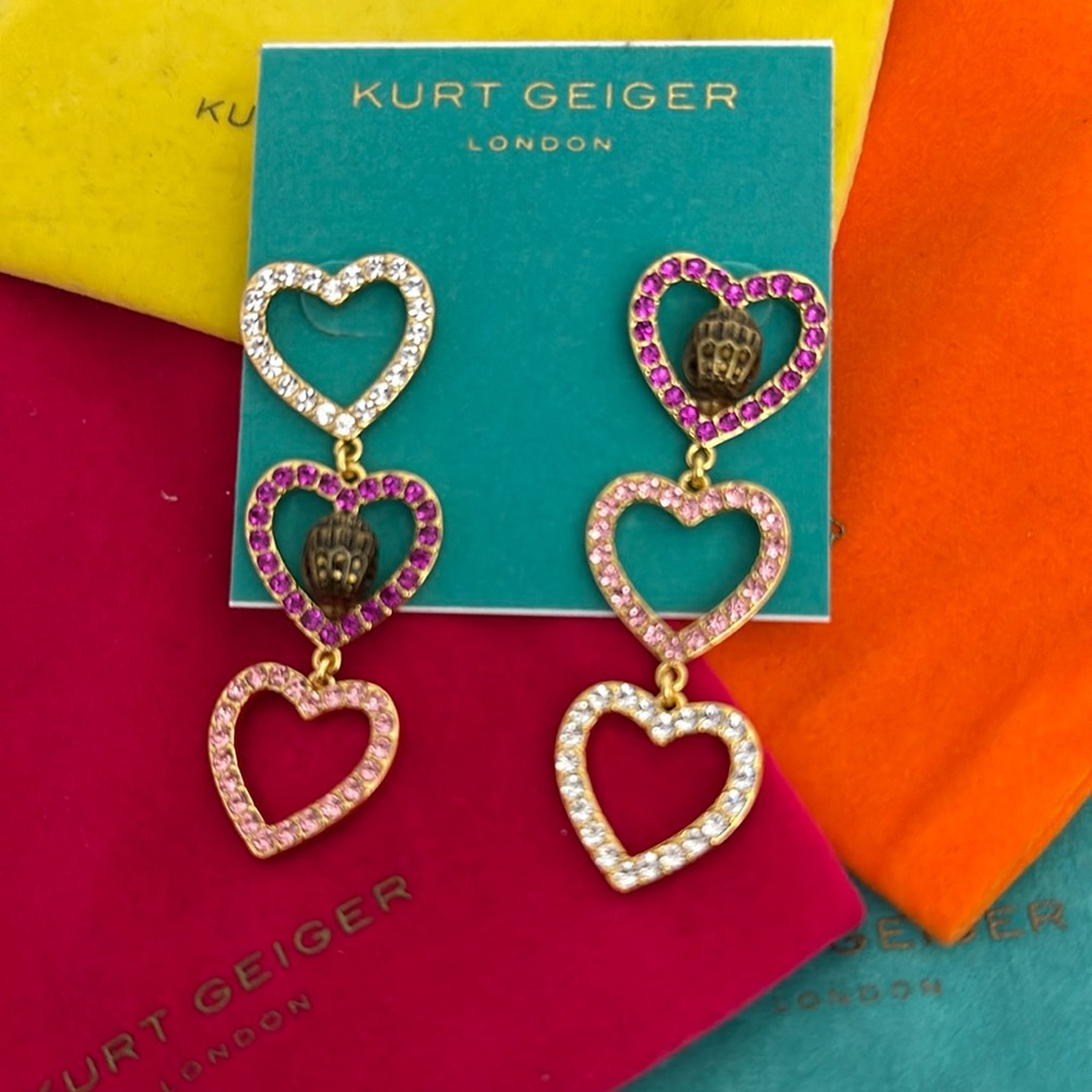 🌈💗NWT KURT GEIGER LONDON HEART DANGLE EARRINGS LONG LIGHT LOVELY 🥰